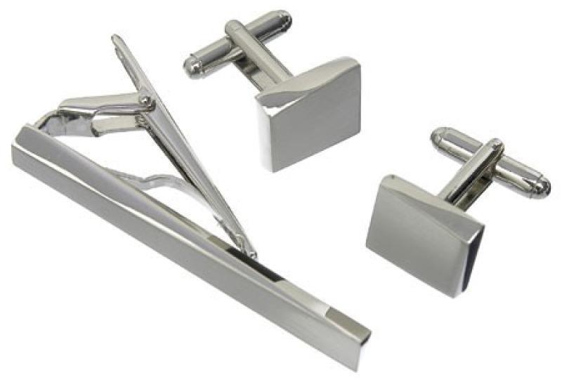 Nickel Plated Matt Finish Cuff Links and Tie Bar